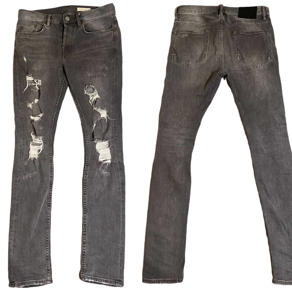 All Saints Jeans Men's Cigarette Gray Ripped Distressed Destroyed Denim, W28